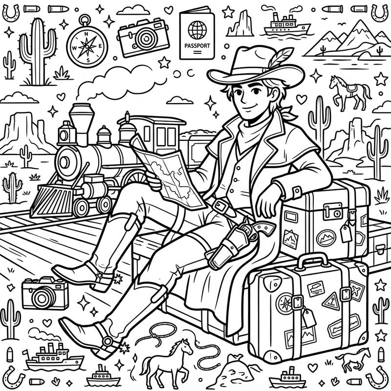 Saddle up for an exciting coloring journey with this unique Gunslinger on Vacation design. This page masterfully blends the thrill of the Wild West with the joy of travel, offering endless creative possibilities.