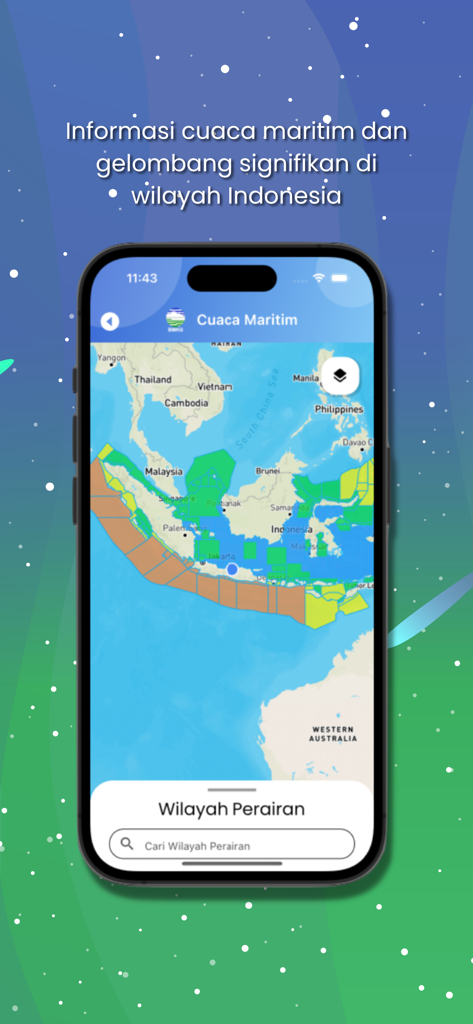 A smartphone screen showing the Info BMKG app interface with a maritime weather map and sea wave forecasts for the Indonesian archipelago.