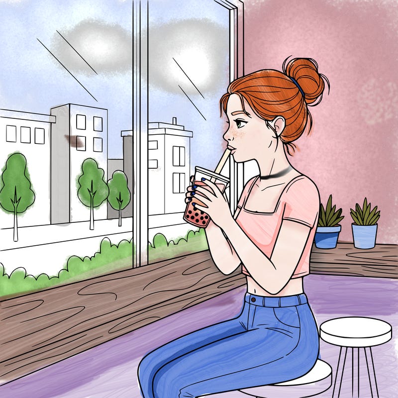 a teen girl drinking boba at a bar close to the window in a shop with a crop top.