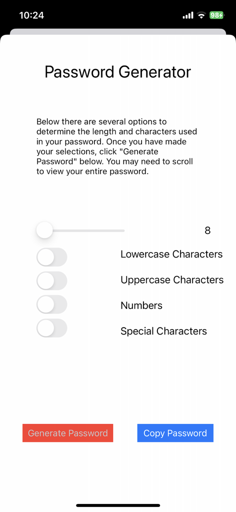 Finger Vault password generator screen with options for password length and character types
