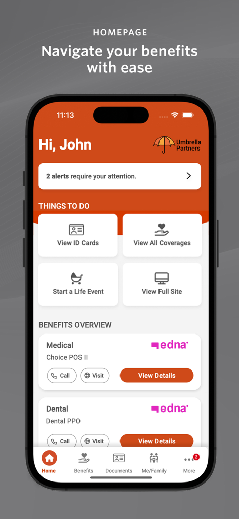bswift Mobile app homepage showing a user dashboard with benefits overview digital ID cards and action alerts