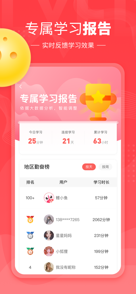 鲤鱼辅导-中小学语数英同步课堂，口语测评英语点读教材试卷下载 - Exclusive learning report screen in the Carp Tutoring app showing study duration, daily streaks, and a regional student leaderboard.