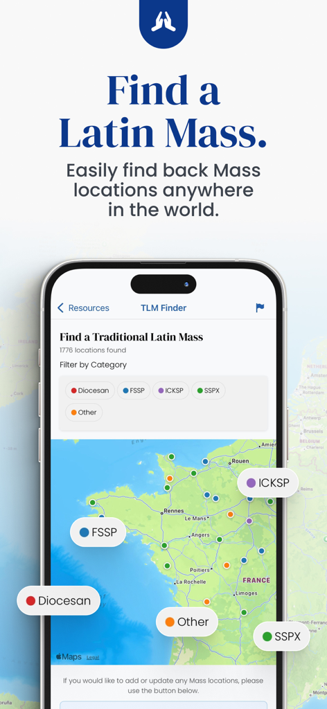 Sanctifica: Catholic Calendar - Sanctifica app interface showing a map of Traditional Latin Mass locations with category filters like FSSP and SSPX.
