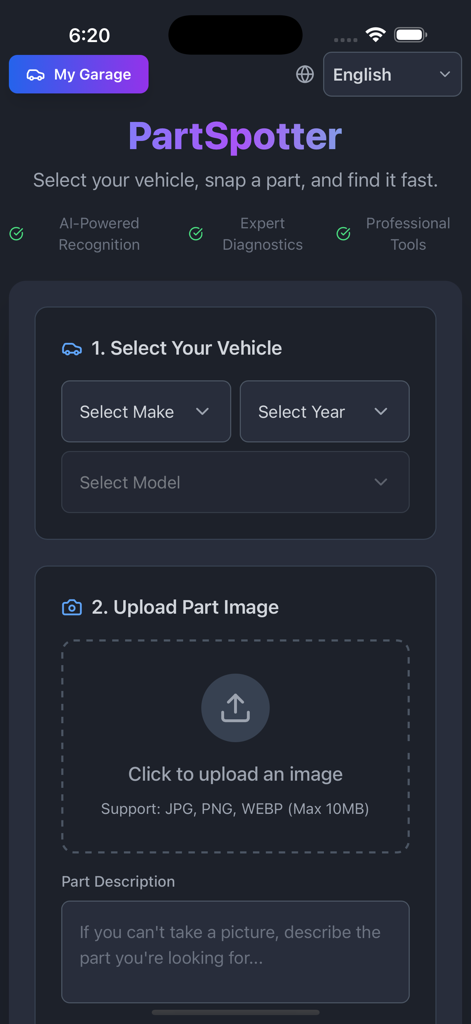 Screenshot of the PartSpotter app showing the vehicle selection menu and the image upload section for AI part recognition