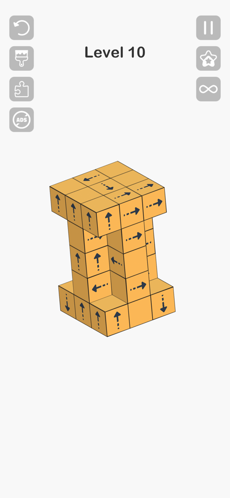 Tap Master 3D puzzle gameplay showing yellow blocks with arrows on Level 10