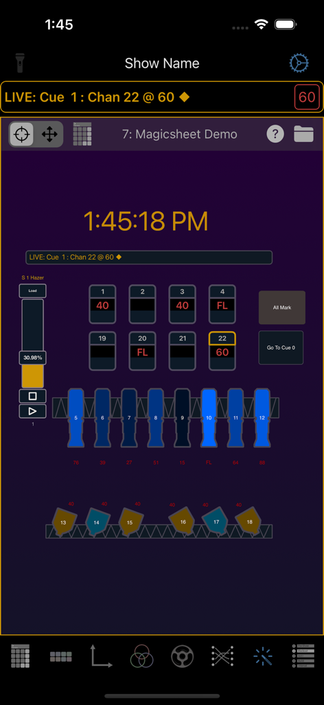 Magic Sheet view in the Eos Remote app showing lighting channel levels and fixture icons