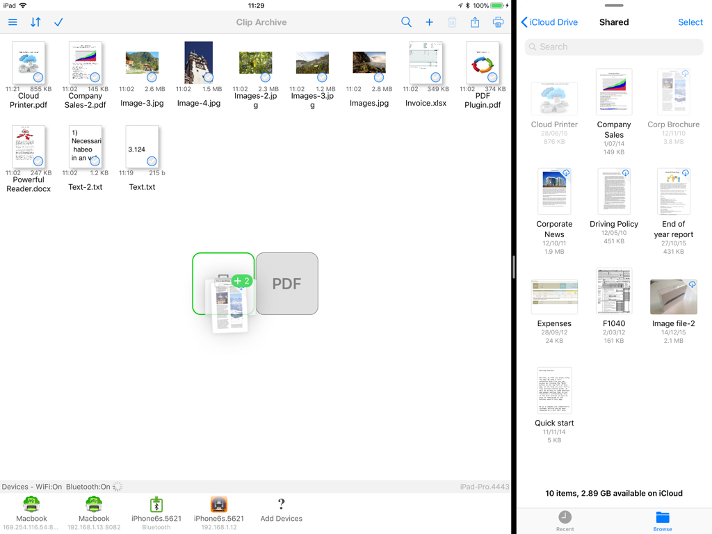 PrintCentral - Pantalla dividida del iPad mostrando el archivo de archivos y las carpetas compartidas de iCloud Drive para la administración de documentos.