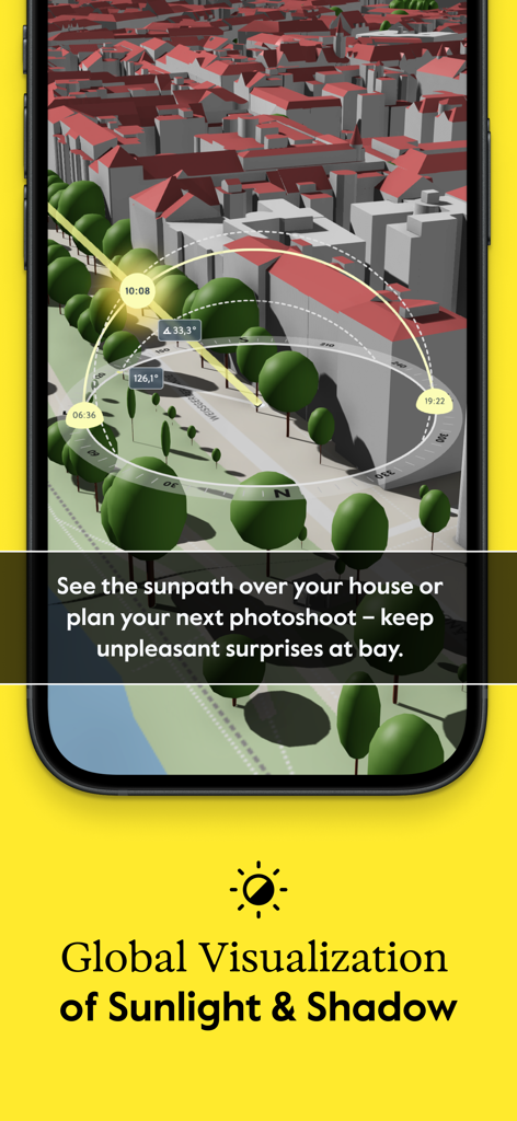 Shadowmap: Solar Intelligence - A 3D mobile map interface showing a sunpath trajectory and shadow analysis over a city neighborhood