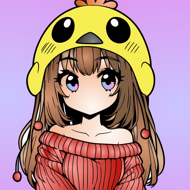 anime girl with chick shaped hat with sweater with bare shoulders with bangs covering them one eye with low tail