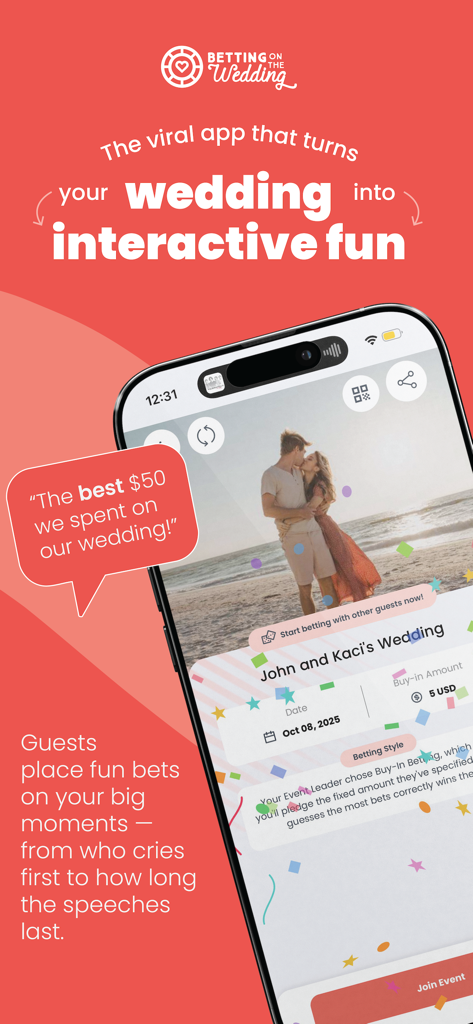 Smartphone displaying the Betting on the Wedding app event screen for guests