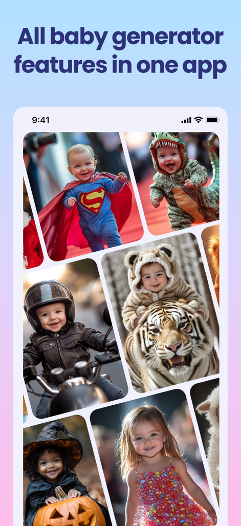 AI Baby Generator: Face Maker - Collage de photos de bébés générées par IA montrant différents filtres et costumes thématiques.