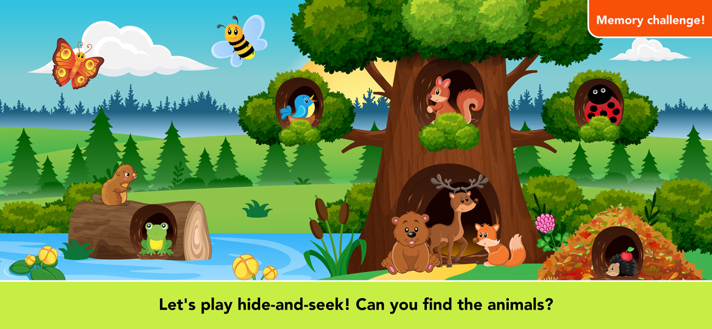 123 Bubble Kids Learning Games - Educational memory challenge screen featuring a forest scene with cartoon animals for a kids hide and seek game.