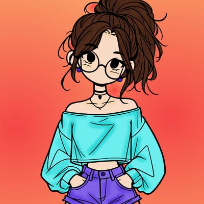 girl with a messy ponytail glasses a baggy crop top and jean shorts