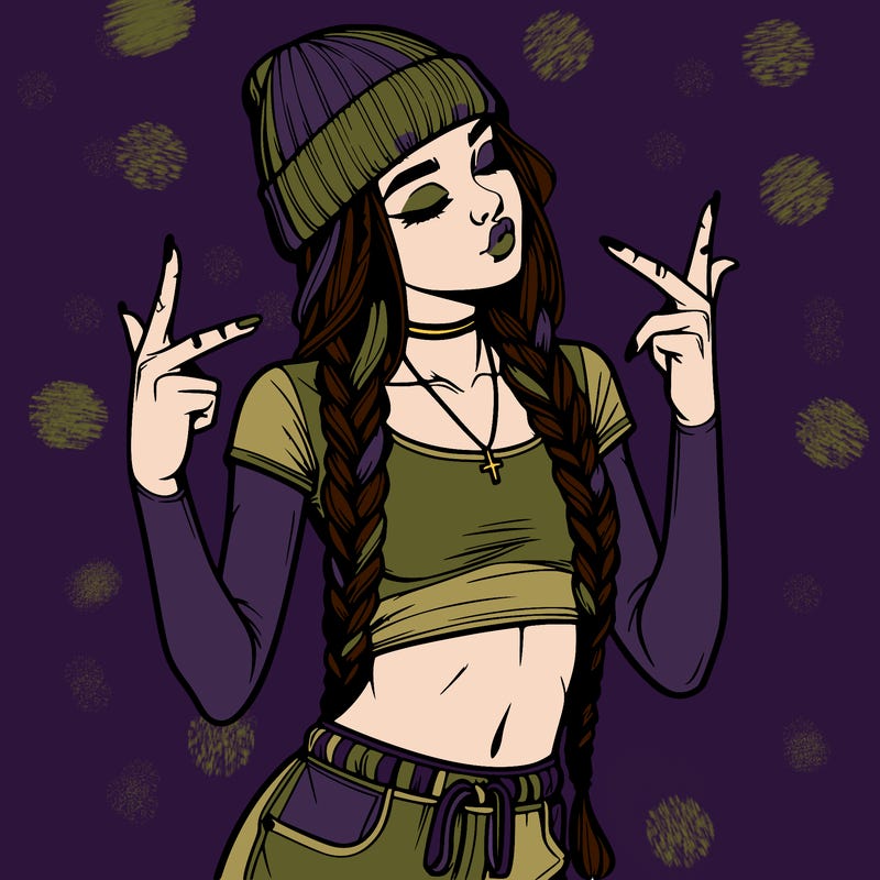 realistic teenage girl with braids and a beanie and crop top doing 🫶🏼