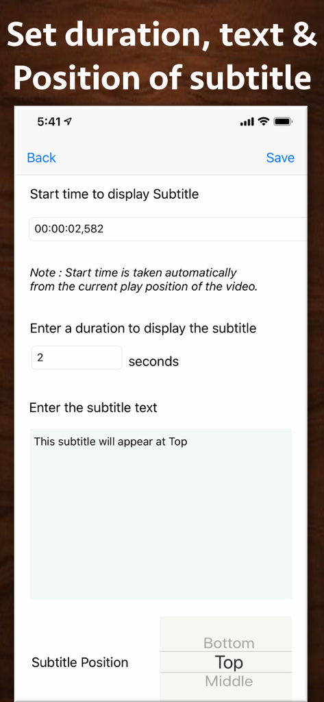 Video Subtitle Hardcoder - A mobile screen showing settings for subtitle start time, duration, text, and screen position.