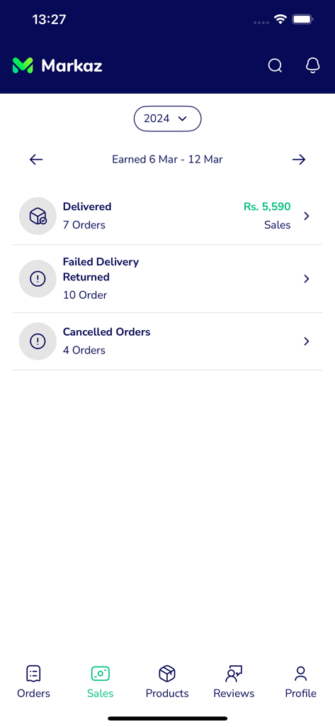 Interface do aplicativo Markaz Fornecedor mostrando análises de vendas para pedidos entregues e cancelados