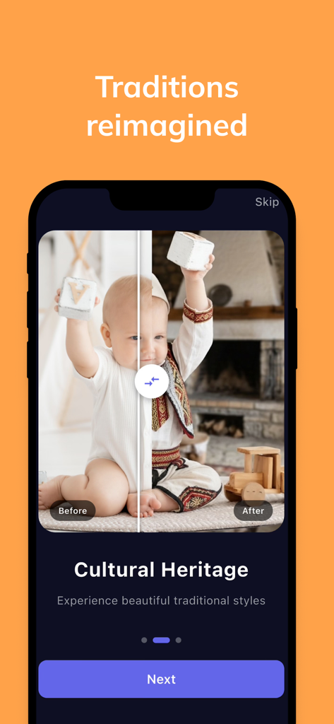 Fotoboom: AI Photo Transform - A before and after comparison of a baby transformed into traditional cultural attire using Fotoboom AI
