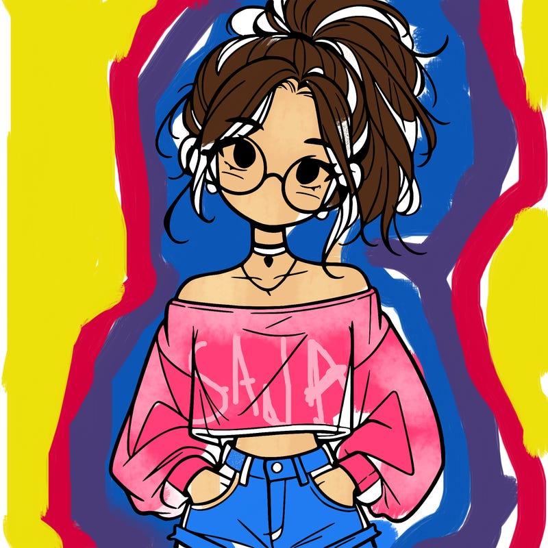 girl with a messy ponytail glasses a baggy crop top and jean shorts