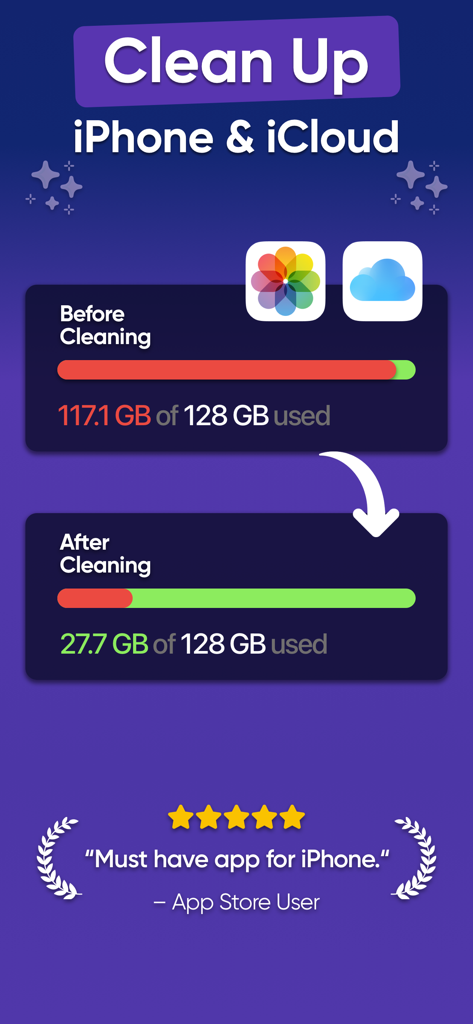 Cleaner ・Phone Storage Cleanup - iPhoneとiCloudのストレージ使用量が、クリーニング後に117GBから27GBに減少したことを示すグラフィック。