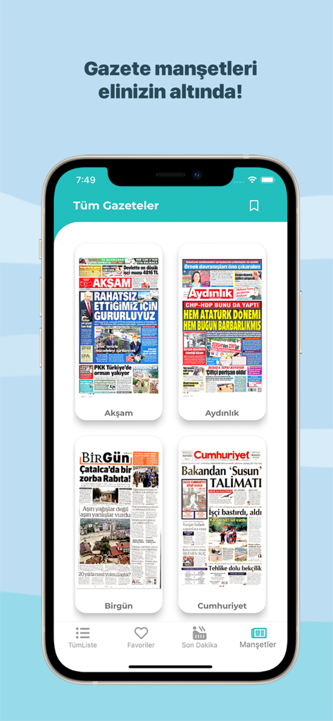 Gazeteler TR mobile app interface displaying daily Turkish newspaper front pages