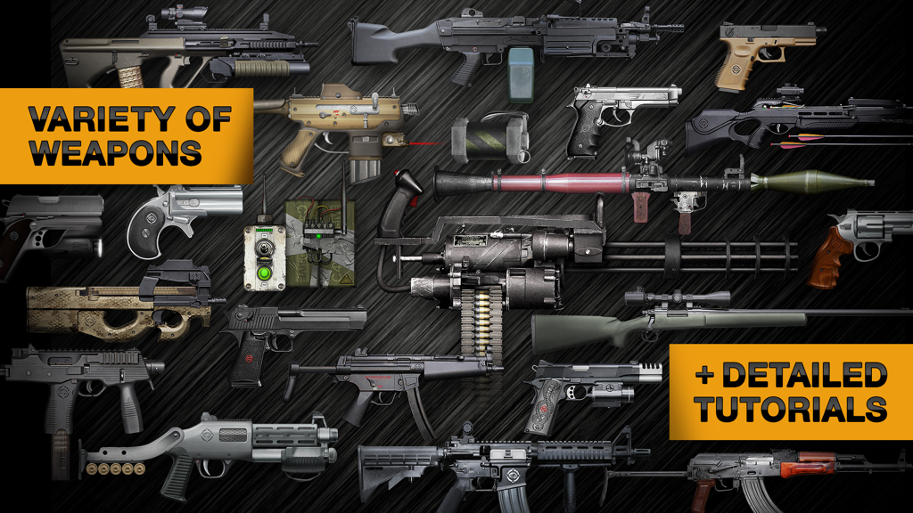 Weaphones: Firearms Simulator Volume 1 - Eine Sammlung realistischer Schusswaffen und taktischer Ausrüstung, die in der Weaphones Firearms Simulator App erhältlich sind.