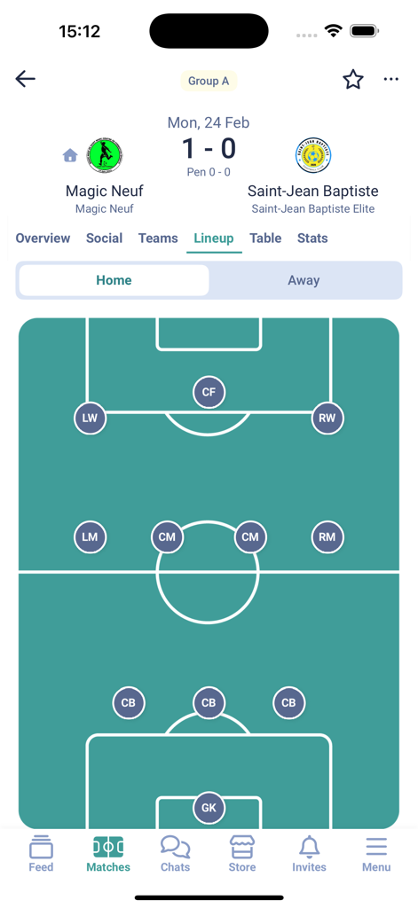 Tapin Sports - Tactical soccer team formation and lineup screen in the Tapin Sports app.