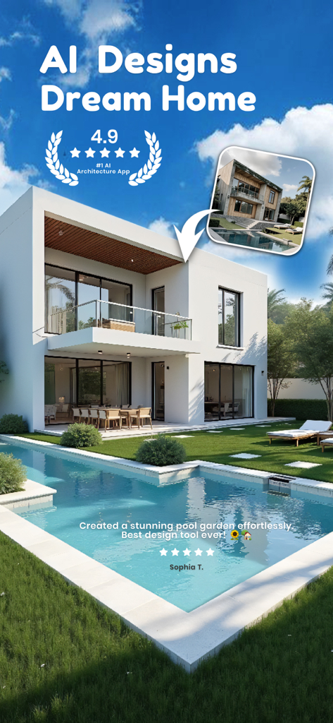Decor Master-AI Home Design - AI-generated modern white luxury house with a large swimming pool and garden