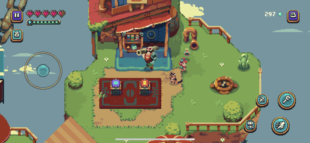 Sparklite - Top-down pixel art gameplay of Sparklite showing characters on a floating island