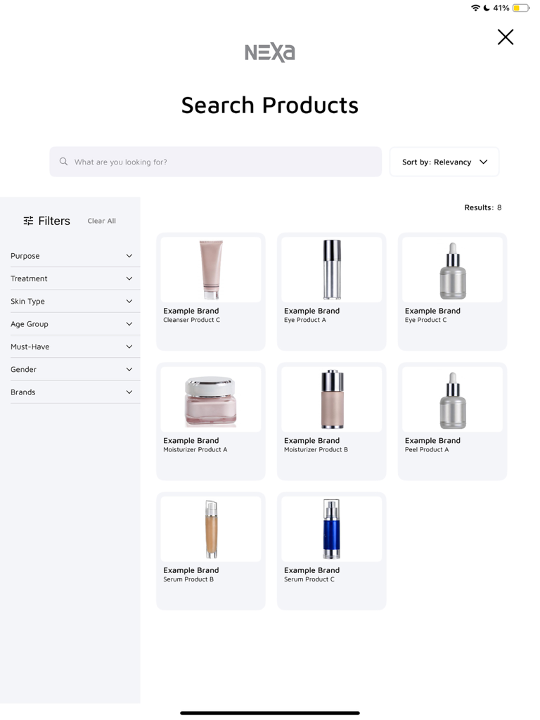 Product search and filtering interface within the NEXA skincare professional app