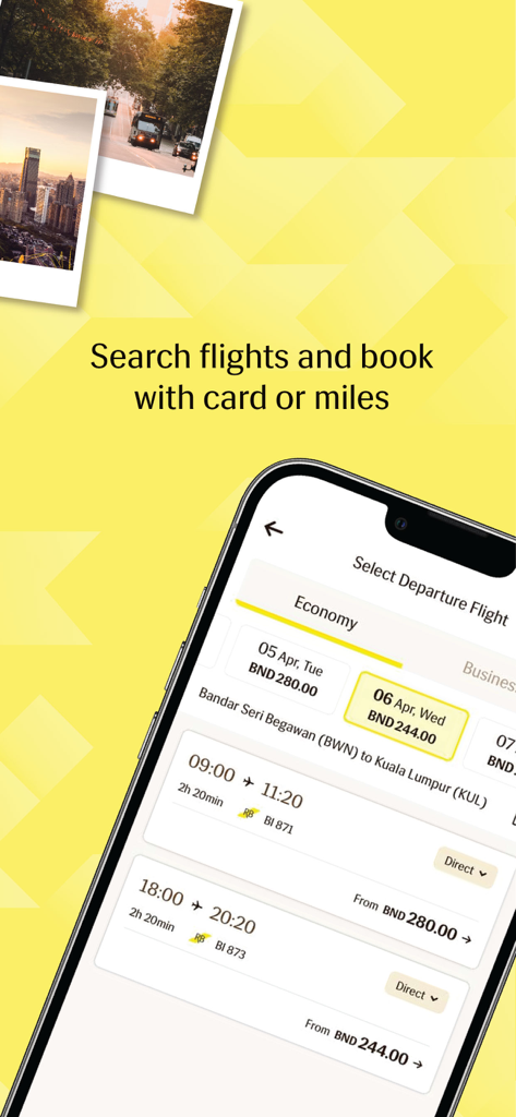 이코노미 클래스 옵션 및 가격을 보여주는 로열 브루나이 항공 항공편 검색 및 예약용 모바일 앱 인터페이스.