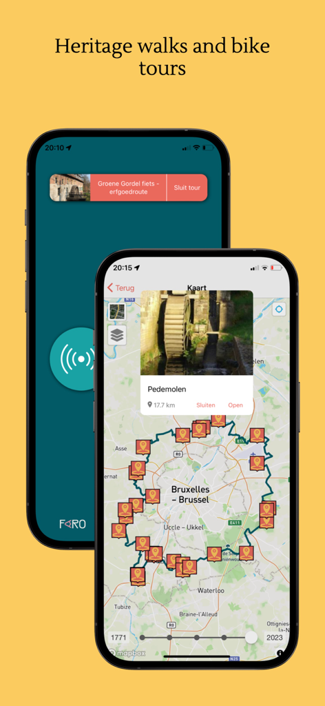 Heritage App - ブリュッセルのヘリテージウォークやバイクツアーの地図が表示されたヘリテージアプリのインターフェースを示すスマートフォン