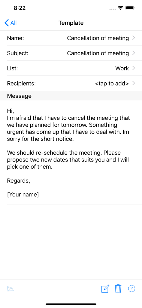 Pantalla de plantilla de correo electrónico profesional de cancelación de reunión que muestra los campos del mensaje y el contenido