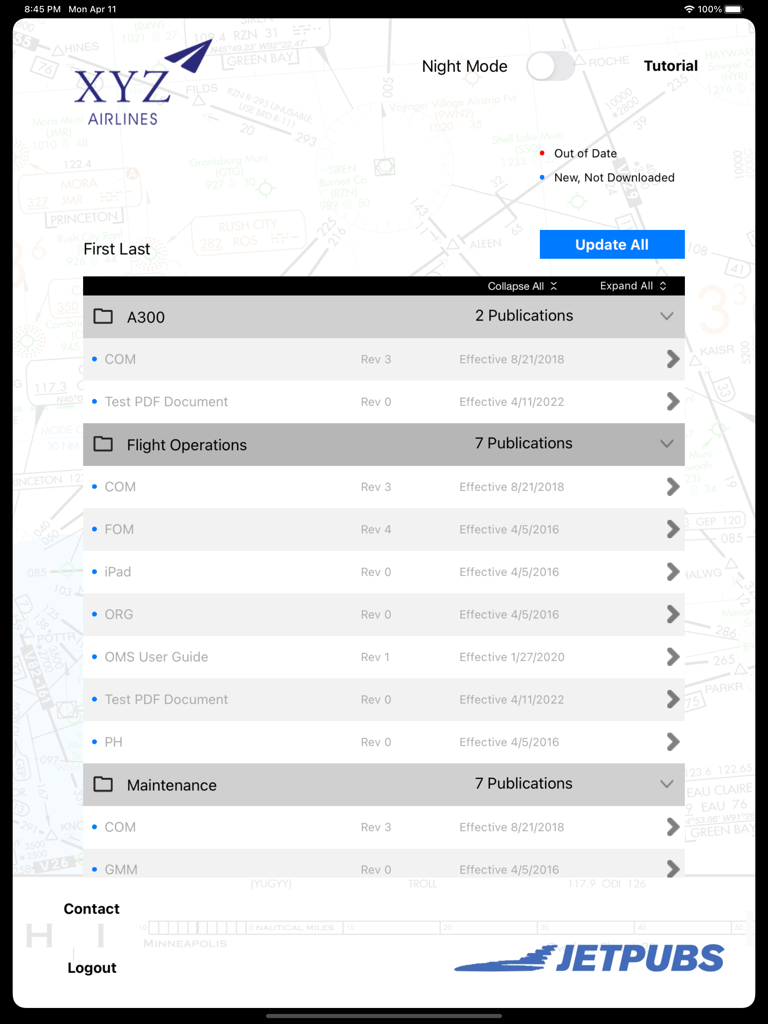 JETPUBS - JETPUBS app dashboard on iPad displaying aviation manual revisions and update status.