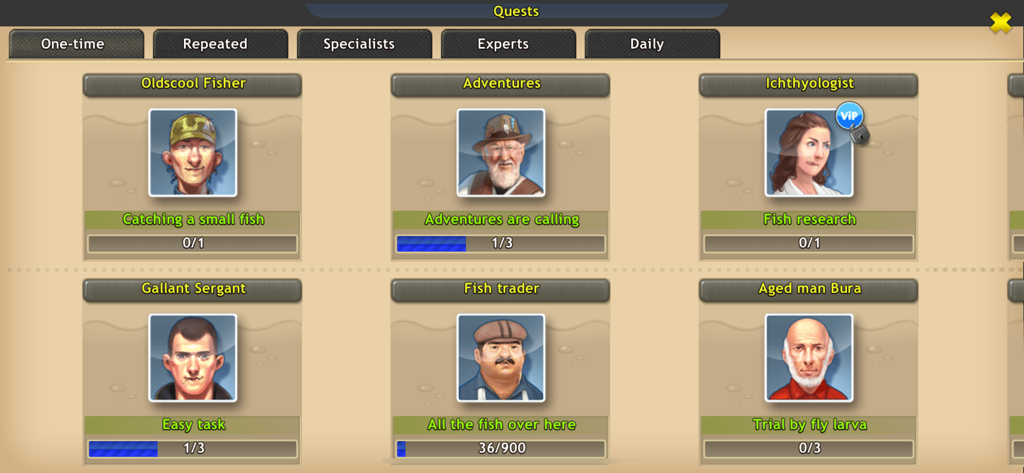 Fishing: World of Fishers - Quest menu in the Fishing World of Fishers mobile app showing character-based tasks and progression bars