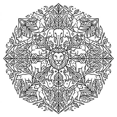 Embark on a creative journey with this stunning wildlife mandala coloring page, showcasing a harmonious blend of majestic animals and natural elements. Its intricate, symmetrical design provides a deeply engaging and relaxing artistic experience for all ages.