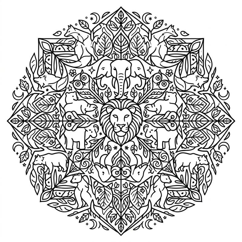 Embark on a creative journey with this stunning wildlife mandala coloring page, showcasing a harmonious blend of majestic animals and natural elements. Its intricate, symmetrical design provides a deeply engaging and relaxing artistic experience for all ages.