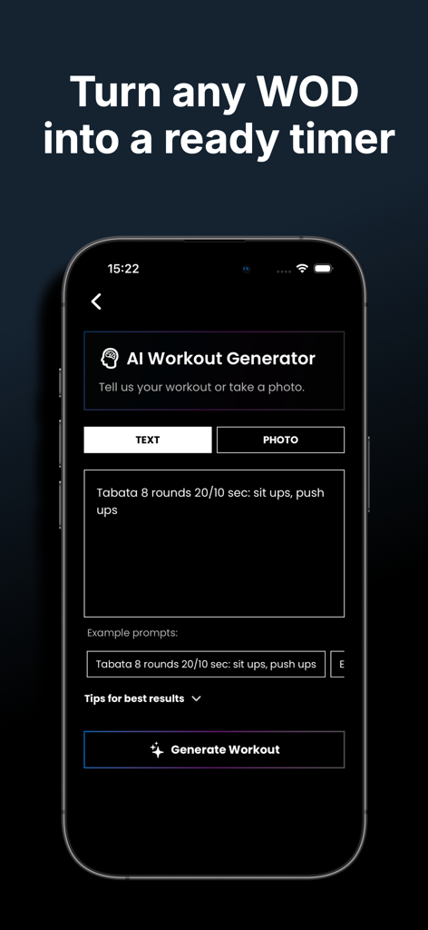 TimerFlex: HIIT & AI WOD Timer - Interfaccia del generatore di allenamenti AI di TimerFlex per creare timer personalizzati HIIT e WOD