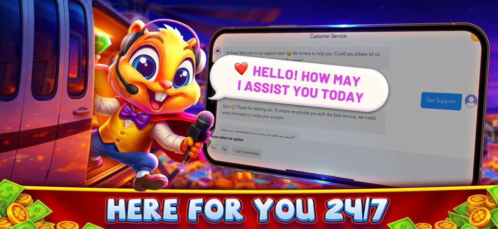 Lavish Luck Casino - Um amigável mascote de esquilo ao lado de uma tela de smartphone exibindo a interface de chat de suporte ao cliente 24/7 do Lavish Luck Casino.