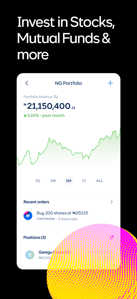 Cowrywise: Save & Invest Money - Cowrywise 앱 인터페이스, 수익 성장 차트와 나이라 잔액이 있는 나이지리아 주식 및 뮤추얼 펀드 포트폴리오 표시