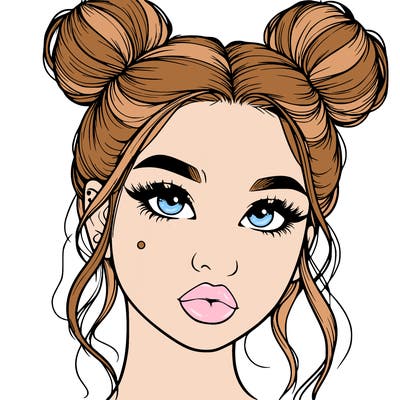 realistic girl with two buns on her hair and lips