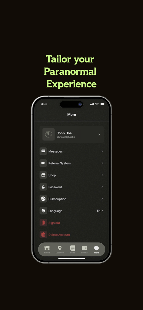 GHOST - Profile and settings menu of the GHOST paranormal app showing user account options.