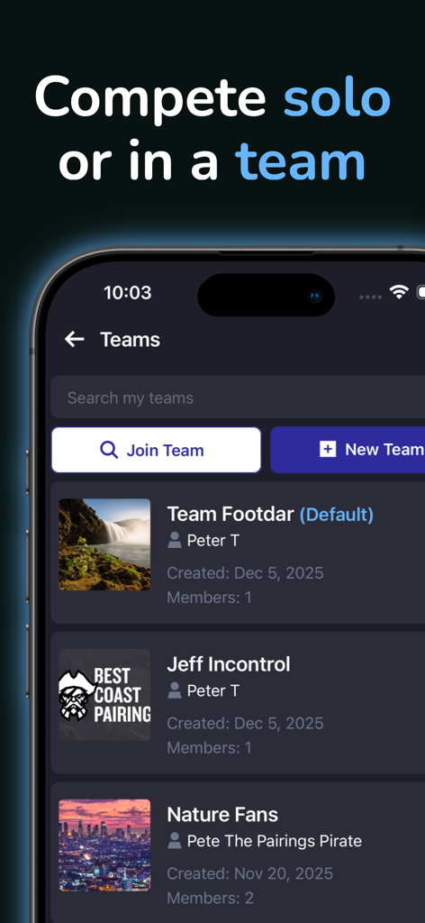 Best Coast Pairings - Best Coast Pairings app screen showing team management with options to join or create a new team