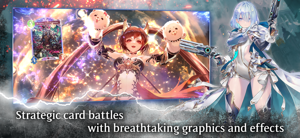 Anime characters and card battle graphics in Shadowverse Worlds Beyond