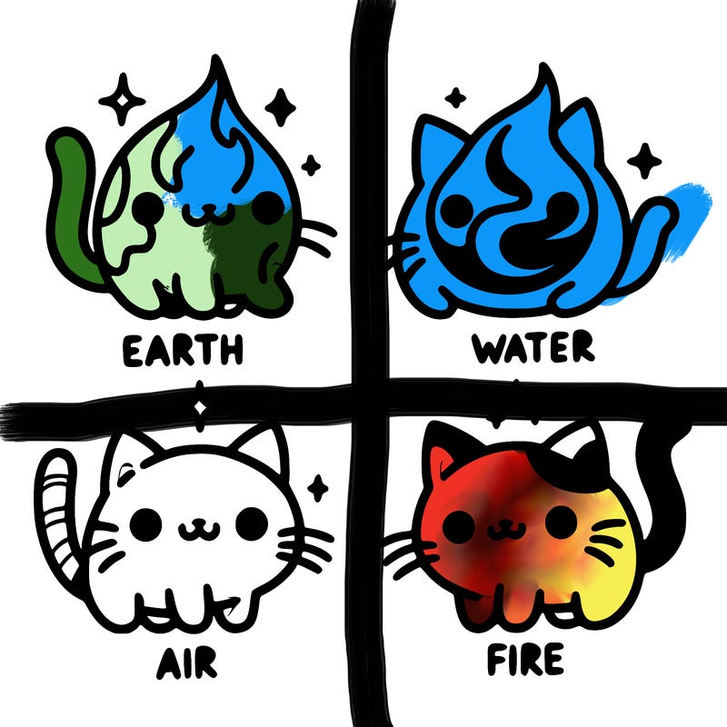 4 cats that represent the different elements, earth, water, air, and fire