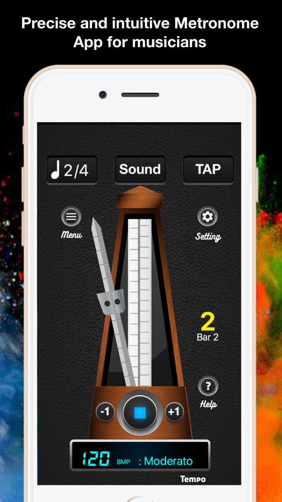 Metronome app showing a classic analog pendulum interface with a digital tempo of 120 BPM