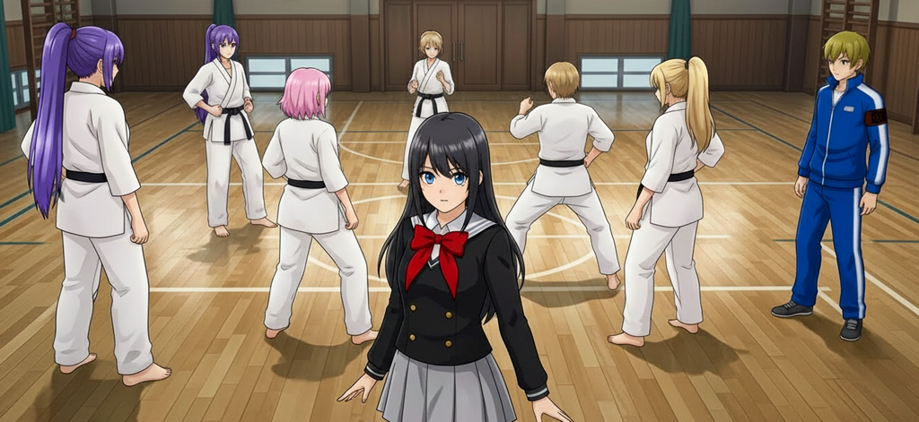 Anime Girl School Life Game 3D - Anime school girl standing in a gymnasium during a karate club session