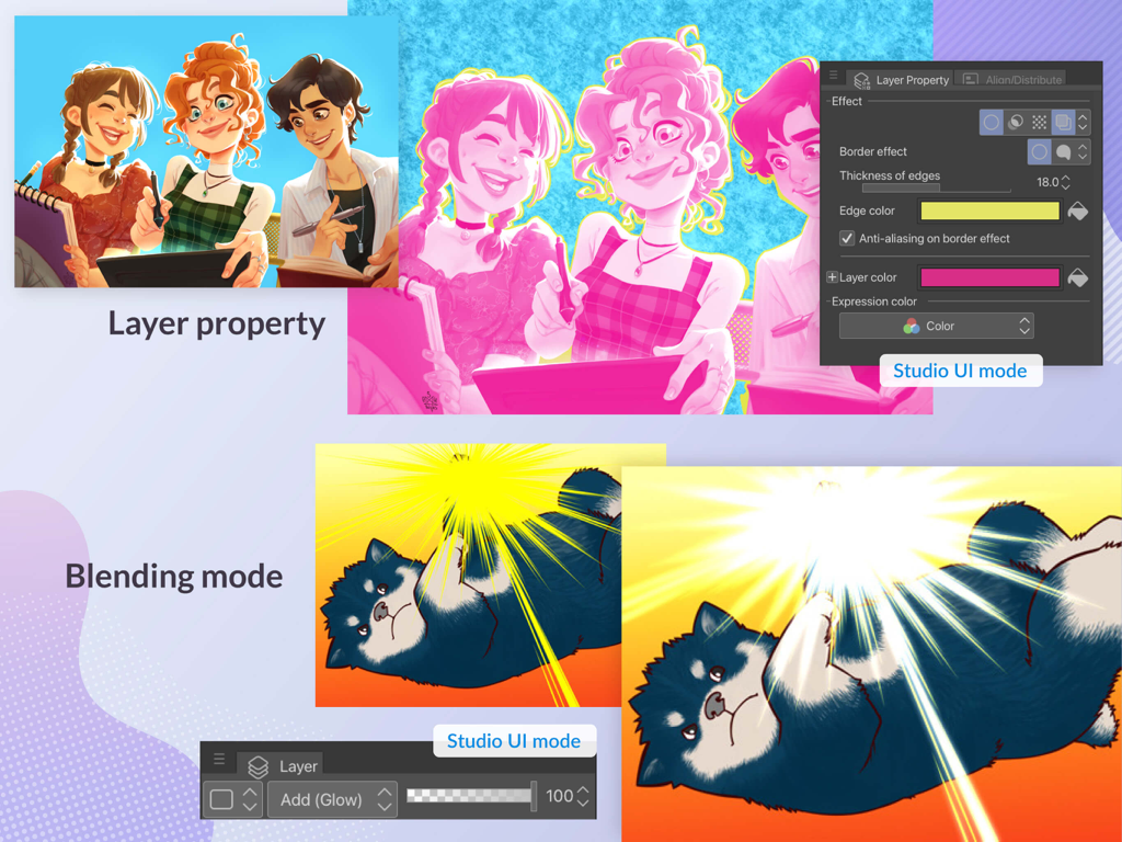 Clip Studio Paint - Interface of Clip Studio Paint showing layer properties and blending mode features in Studio UI mode.