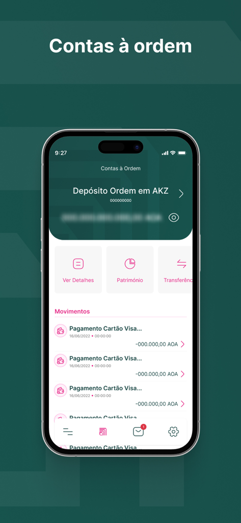 BCI Mobile app interface showing checking account balance and recent transactions in Angolan Kwanza