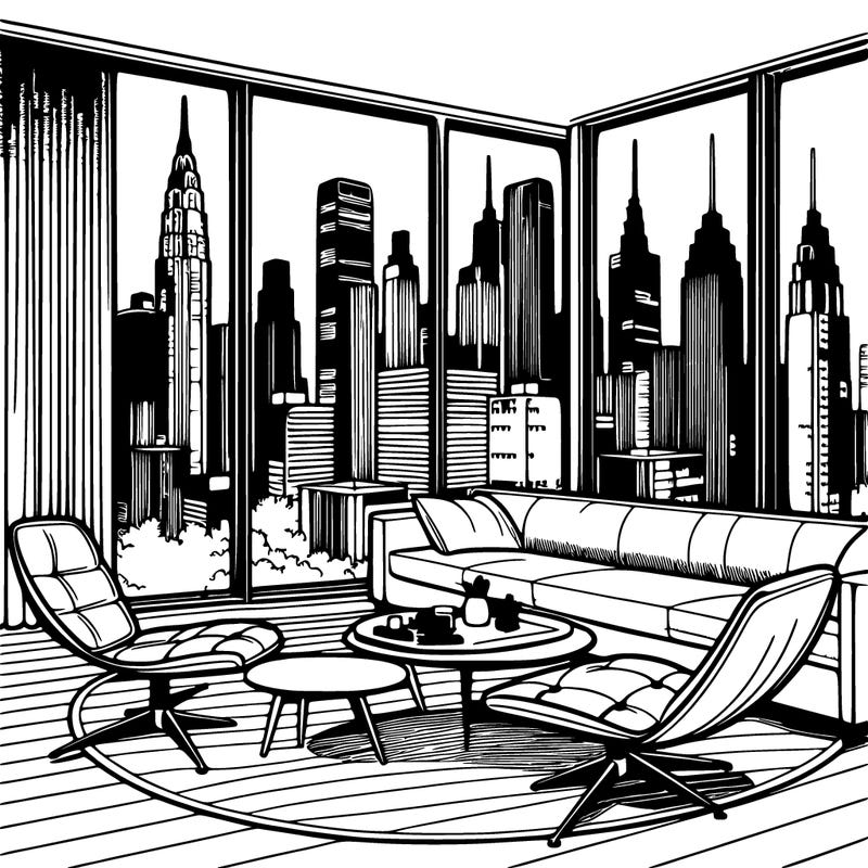 a city skyline view out of an mid century modern apartment