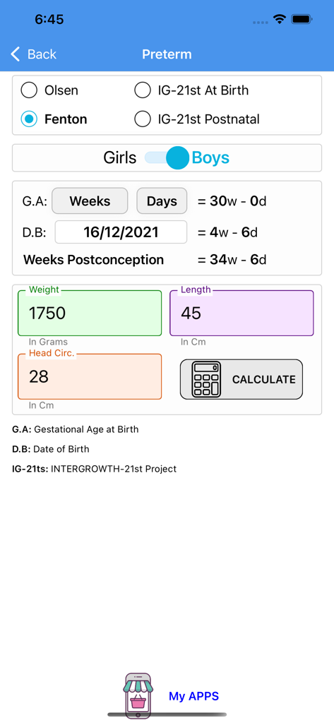 AnthroPed - AnthroPed mobile app screen for calculating preterm infant growth metrics including weight length and head circumference